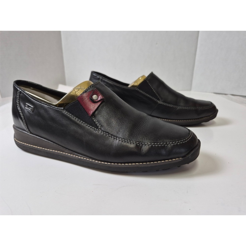 Rieker Antistress Black Leather Slip On Loafers Womens 40 Burgundy Accent Tab